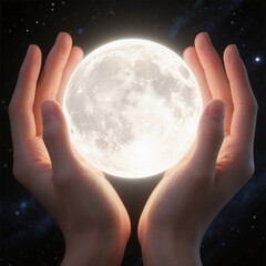 Hands Holding Glowing Moon – Surreal Cosmic Scene with Magical Light
