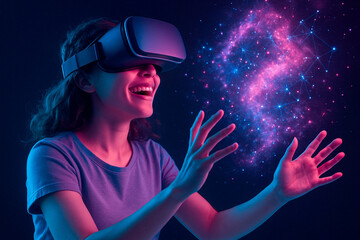 Young woman wearing virtual reality headset experiencing a colorful digital galaxy with glowing connections