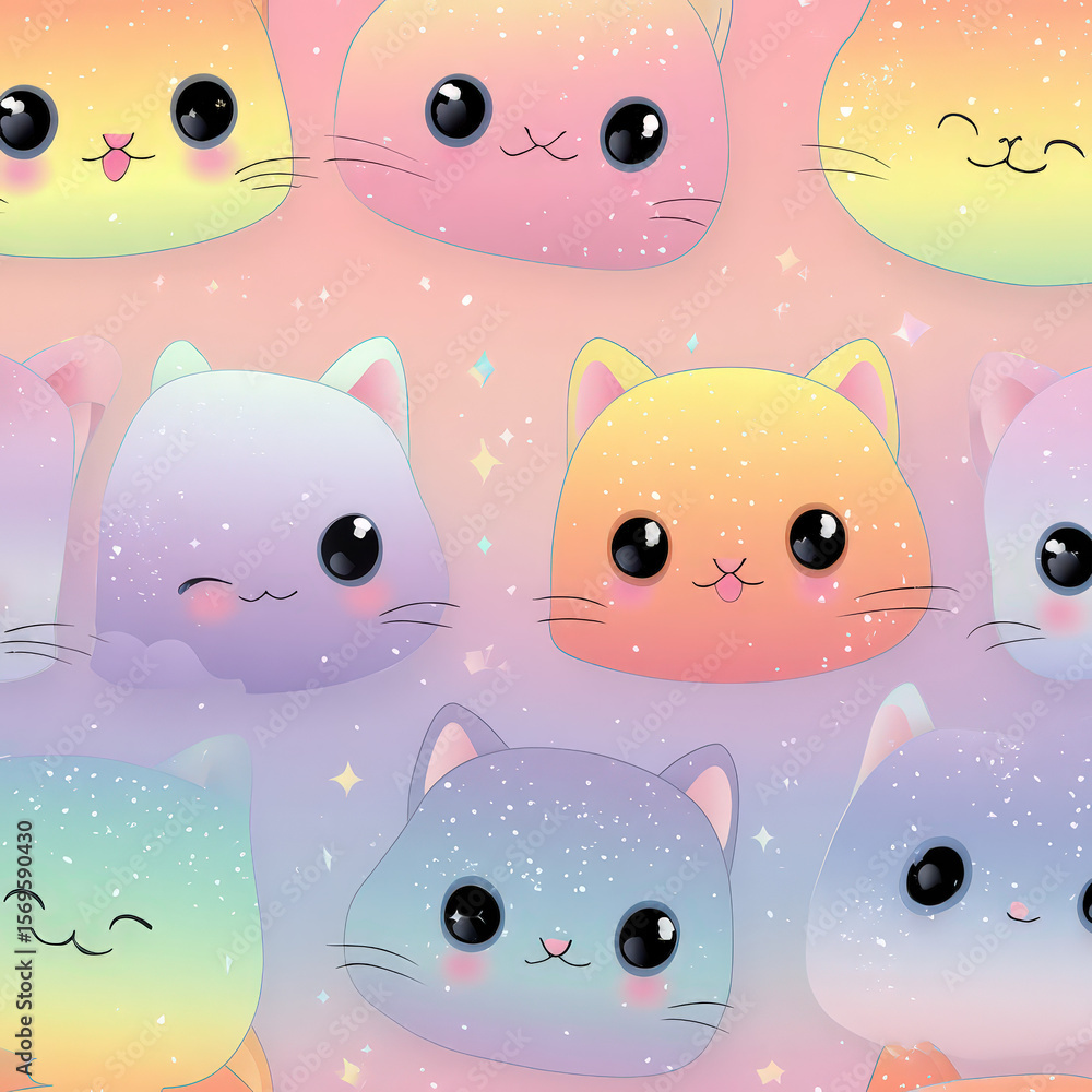 Poster Cute Chibi Pet Heads Pattern with Big Eyes on a Soft Gradient Background for Seamless Design Projects