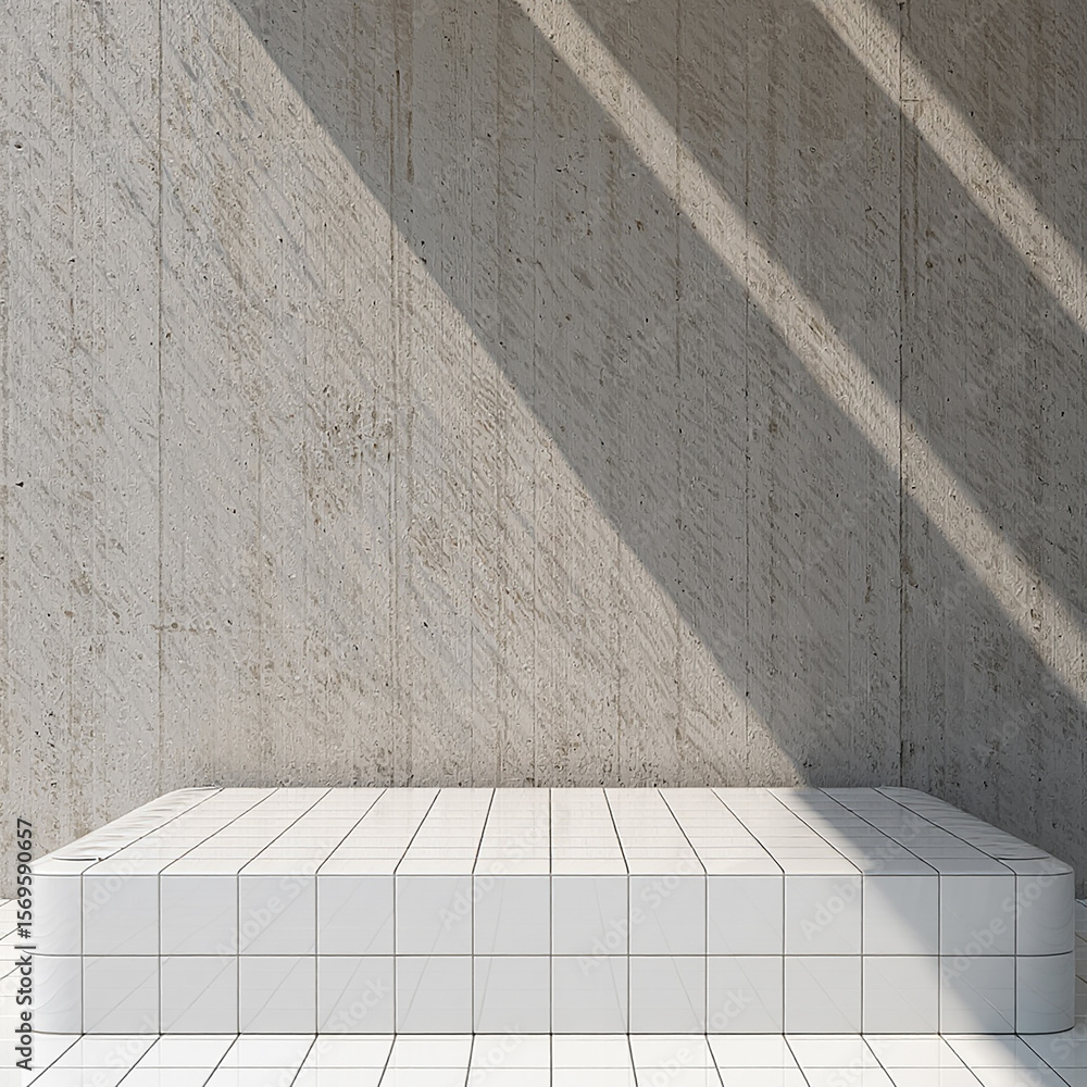 Poster modern concrete wall with tiled display platform and diagonal light shadows