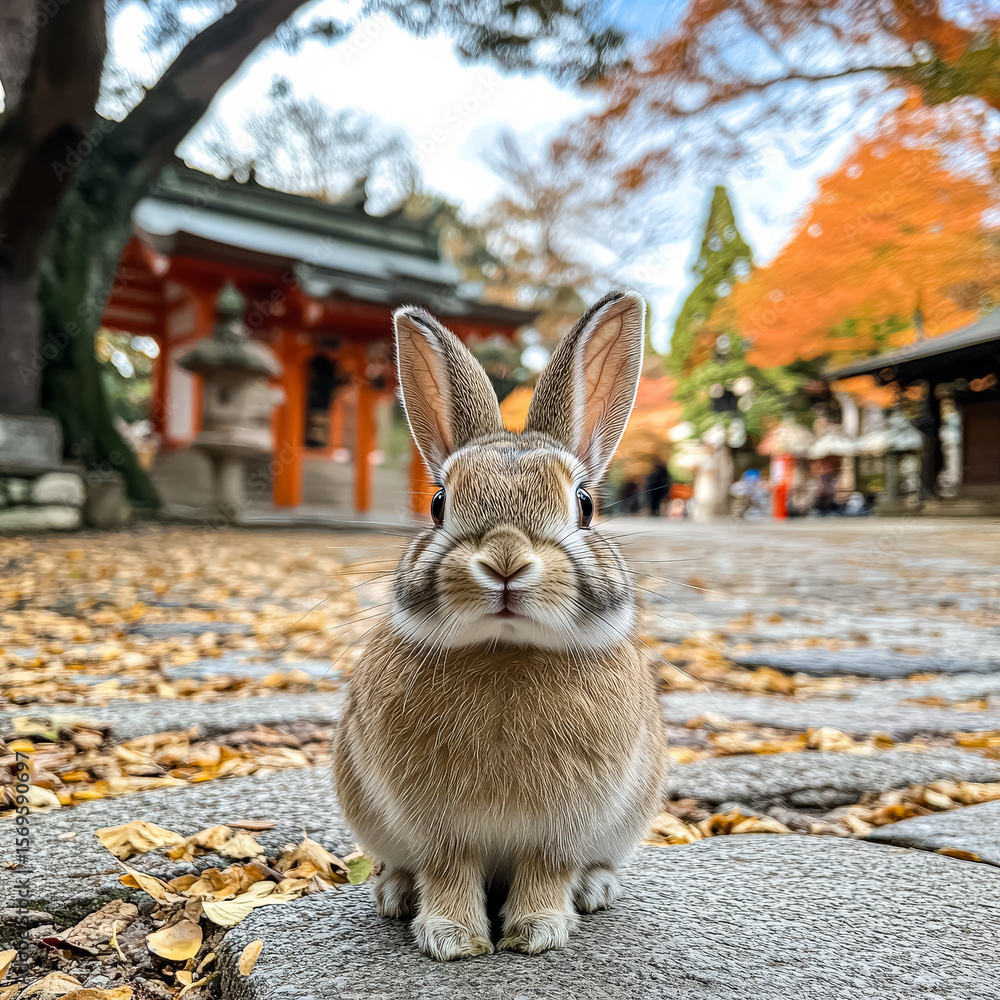 Poster rabbit is sitting on a sidewalk in front of a building. the rabbit is looking at the camera