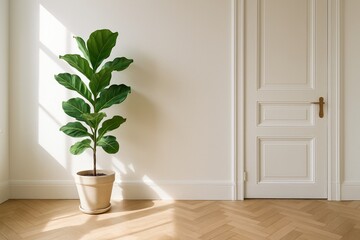 Tall green fiddle leaf fig plant in beige pot next to white door potted plant green leaves