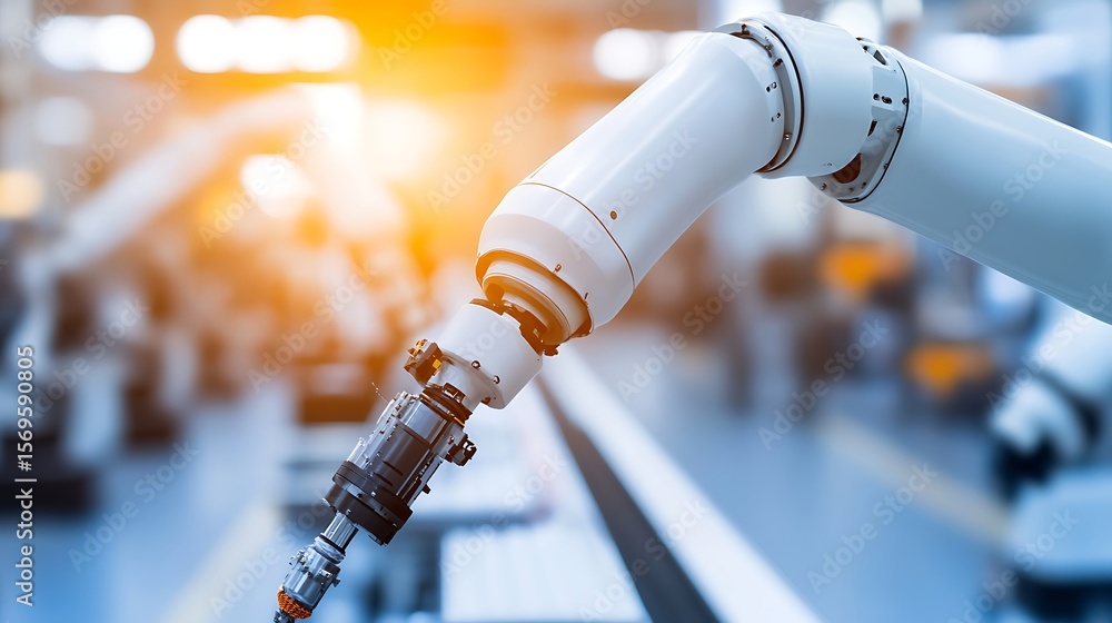 Poster close up of a white robotic arm in a modern factory setting