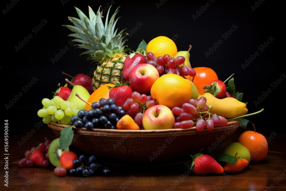 Poster colorful arrangement of various fruits overflowing a wicker bowl on a dark background, creating a vi