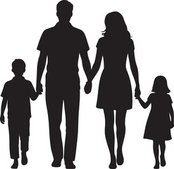 Family silhouette walking hand in hand parents children