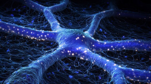 A neural stem cell dividing in midnight-blue tissue, resembling celestial star formation.