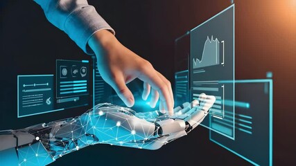 Human hand interacting with robotic arm and digital interface on dark background view concept. Human hand touching robot hand. Futuristic ai interface display. Digital concept with neon light - Powered by Adobe