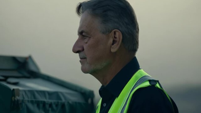 Sanitation worker looking away in profile