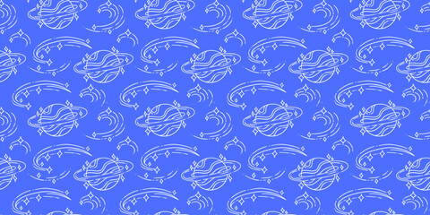Seamless blue pattern with doodle planets and stars in kawaii cosmic style