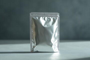 Shiny Silver Pouch, Metallic Foil Packaging, Gray Backdrop, Modern Sealed Bag