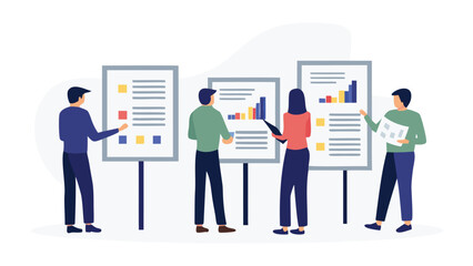 Group of people presenting data on whiteboards with charts and text in a business setting scene
