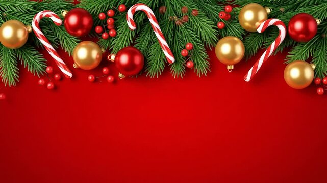 Christmas background features a vibrant red texture with green pine branches subtly placed at the top corners, evoking a sense of festive cheer and holiday elegance.