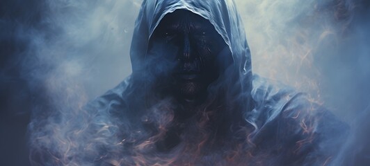 a light necromancer grim reaper , coming out of the smoke,ai generative