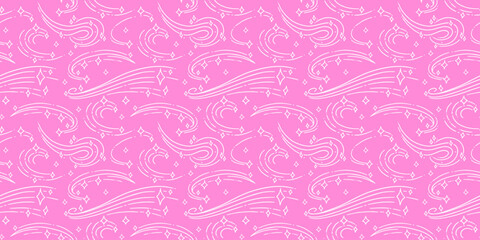 Seamless pink pattern with shooting stars and comets in doodle style