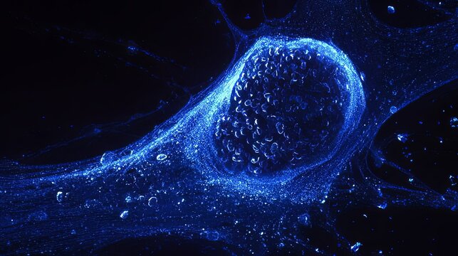 A neural stem cell dividing in midnight-blue tissue, resembling celestial star formation.