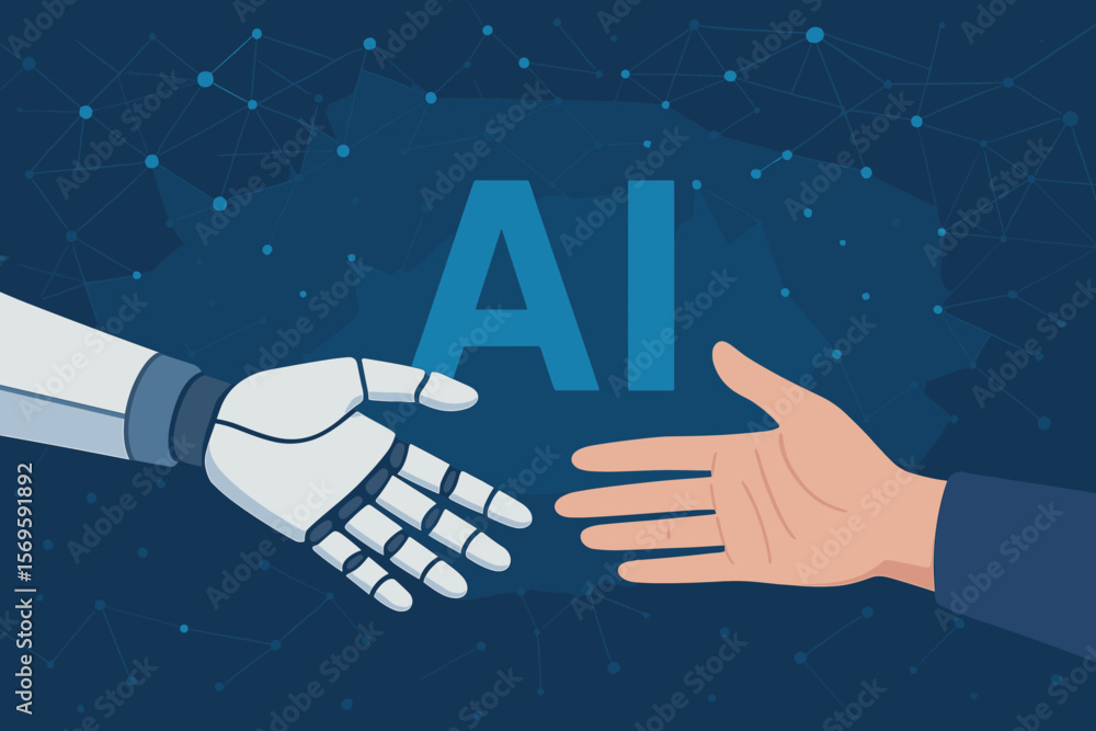 Poster ai. artificial intelligence. human and robot hands handshake. partnership, cooperation concept. futu
