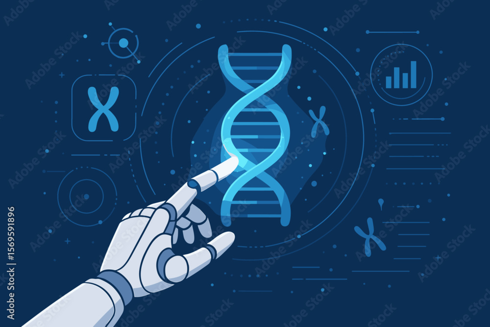 Aufkleber ai in genetics research concept. robot hand touching dna helix on a virtual interface. artificial in