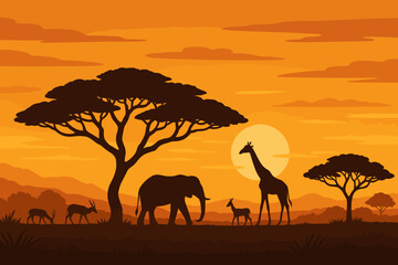 African safari landscape at sunset with animal silhouettes. Wildlife scene with elephant, giraffe, and acacia trees in the savannah. Flat vector cartoon illustration for travel.