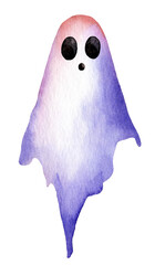 Colorful watercolor ghost illustration with large eyes and flowing form in shades of purple and white for Halloween decor
