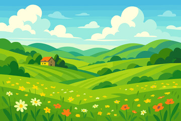 Summer landscape. Vector illustration. Green hills and field. Flower meadow. Rural countryside farm. Sunny day with blue sky and clouds. Cartoon nature scenery background.