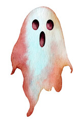 Watercolor illustration of a friendly ghost with a whimsical expression, designed for Halloween decorations and events