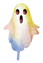 Whimsical watercolor ghost illustration with soft colors and expressive features creates a playful atmosphere