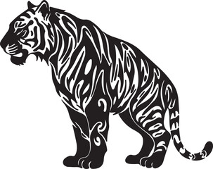 Obraz premium Tiger with black and white stripes standing in a stylized pose, showcasing intricate patterns and bold outlines