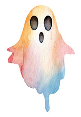 Watercolor ghost illustration with soft colors depicting a playful spirit in a whimsical style
