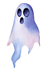 Spooky watercolor ghost illustration with an expressive face and flowing form in pastel colors