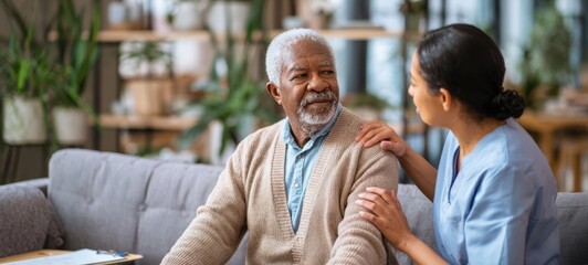 The compassionate caregiver offering support to an elderly man in a cozy home environment.