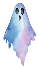 Colorful watercolor ghost illustration ideal for Halloween decorations or spooky art projects featuring unique pastel shades