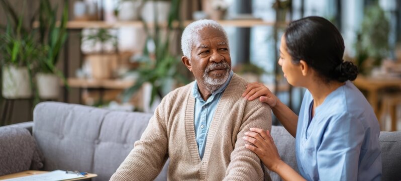 The compassionate caregiver offering support to an elderly man in a cozy home environment.