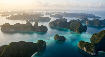 Aerial view of tropical islands with cliffs and vibrant blue ocean
