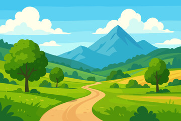Summer landscape with a road through green fields, hills, and meadows. Rural valley scenery with trees, mountains, and blue sky with clouds. Cartoon vector illustration.