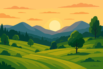 Vector illustration of a scenic landscape with rolling green hills, meadows and trees. Mountain range silhouette in the background during a beautiful summer sunset or sunrise.