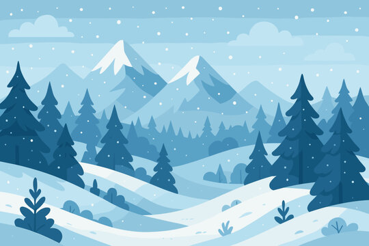 Winter landscape with snowy mountains and pine forest. Christmas holiday scenery in nature. Modern flat cartoon vector illustration for background, banner or postcard design.