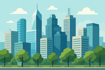 Modern Cityscape with Tall Skyscrapers, Office Buildings, Urban Park, Green Trees, Business District, Contemporary Architecture, Skyline, Vector Illustration