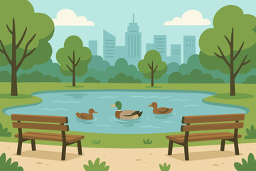 City park landscape with a pond and ducks swimming. Urban nature scene with benches. Summer background with waterfowl birds. Modern flat cartoon vector illustration concept.