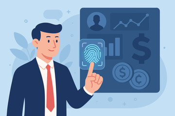 Businessman Using Fingerprint Authentication to Access Digital Financial Data, E-KYC, Biometrics Security, Fintech Innovation, Secure Online Banking, Identity Verification