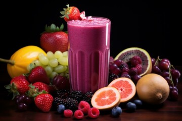 Glass of a mixed berries smoothie surrounded by various fresh fruits on a wooden table