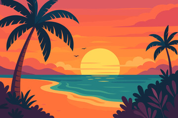 Obraz premium Vibrant Sunset Paradise Beach with Palm Trees, Tropical Coastline, Calm Ocean Waves, Birds, Colorful Sky, Modern Flat Vector Illustration, Summer Vacation, Relaxation, Nature Landscape