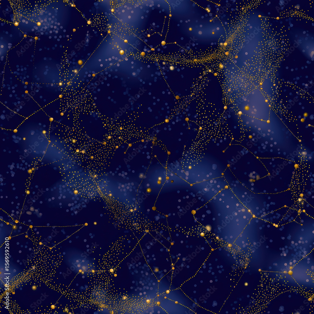 Poster seamless pattern of constellation diagrams with dotted elements on a deep blue background for creati