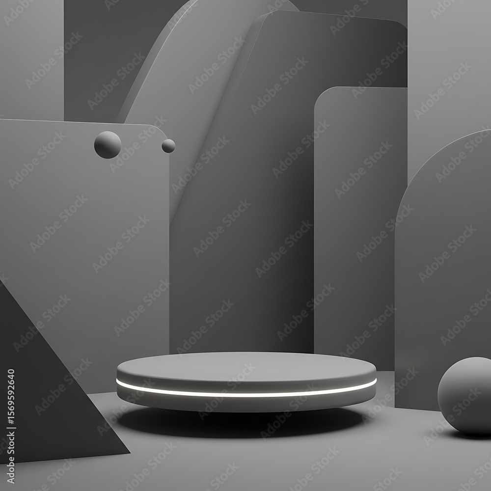 Poster abstract gray studio scene featuring a floating platform with geometric shapes.