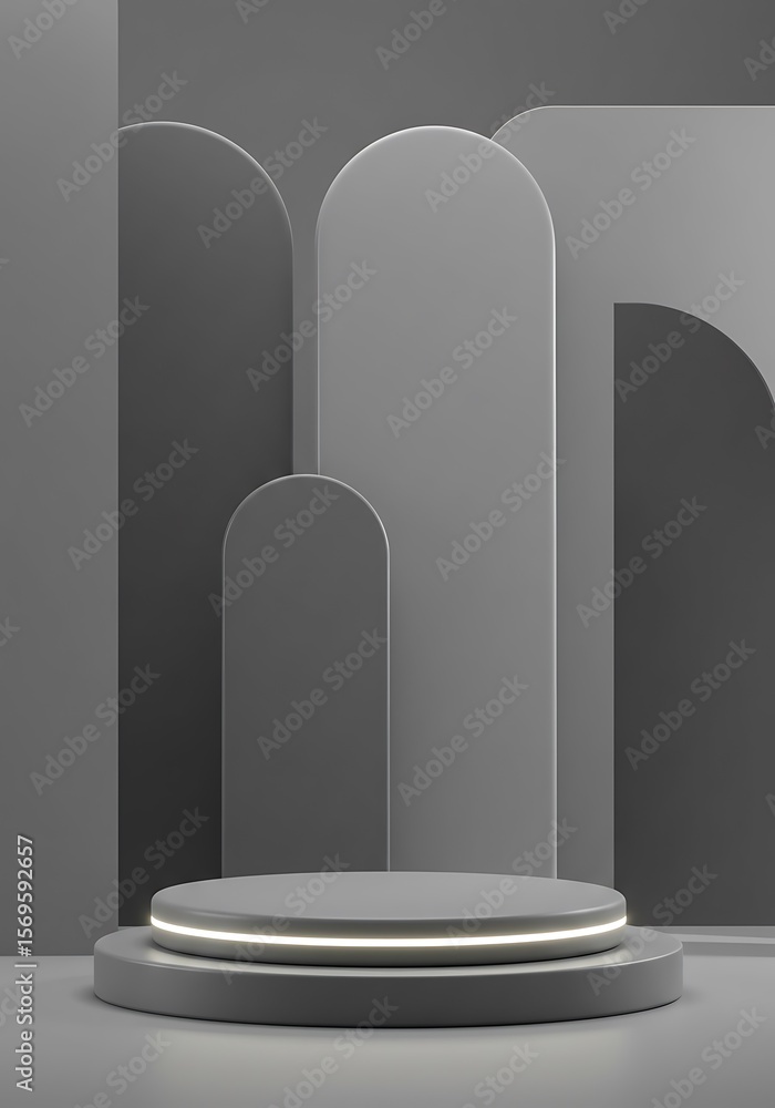 Poster minimalist gray product display platform with rounded arch shapes in the background, creating a clea