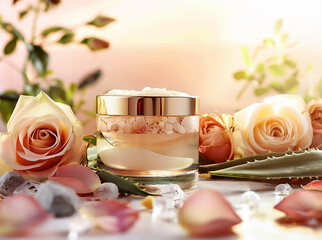 Face care cream in a transparent jar with a gold lid on a background of pink roses