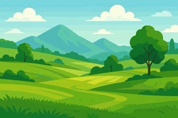 Lush Green Meadows and Rolling Summer Fields Vector Landscape. Scenic Hills, Majestic Mountains, Trees, Blue Sky, Nature Background, Countryside, Rural Scenery, Outdoor Illustration