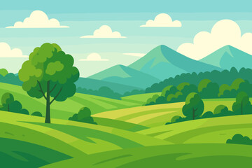 Idyllic Summer Green Meadows and Fields Vector Landscape. Rolling Hills, Lush Trees, Blue Mountains, Sunny Sky, Nature Scenery, Countryside, Pastoral Scene, Outdoor Illustration