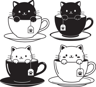 Cat Sitting Inside Tea Cup Cartoon silhouette