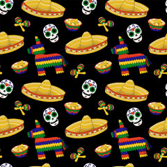 Mexican vibe hand drawn vector seamless pattern with traditional objects