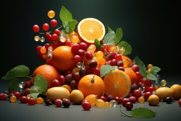 Fresh oranges, grapes, lemons, and berries create a colorful and healthy still life